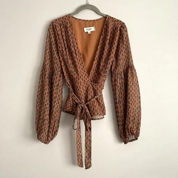 Anthropologie PORRIDGE Puff Long Sleeve Wrap Blouse Size Small Brown Floral - Picture 2 of 8